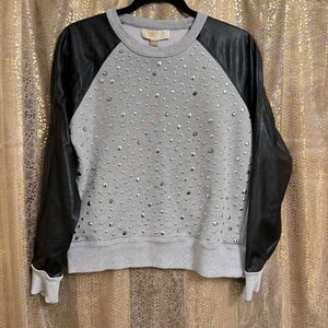 Michael Kors Gray Black Studded Raglan Faux Leather Sleeve Sweater Small